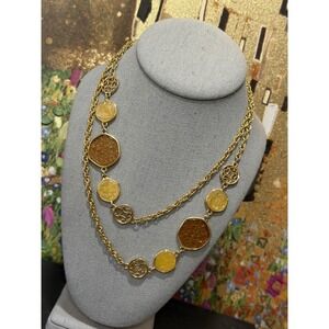 Sarah Coventry Necklace Gold Tone Brown Cream Vintage 36" Long Station Resin
